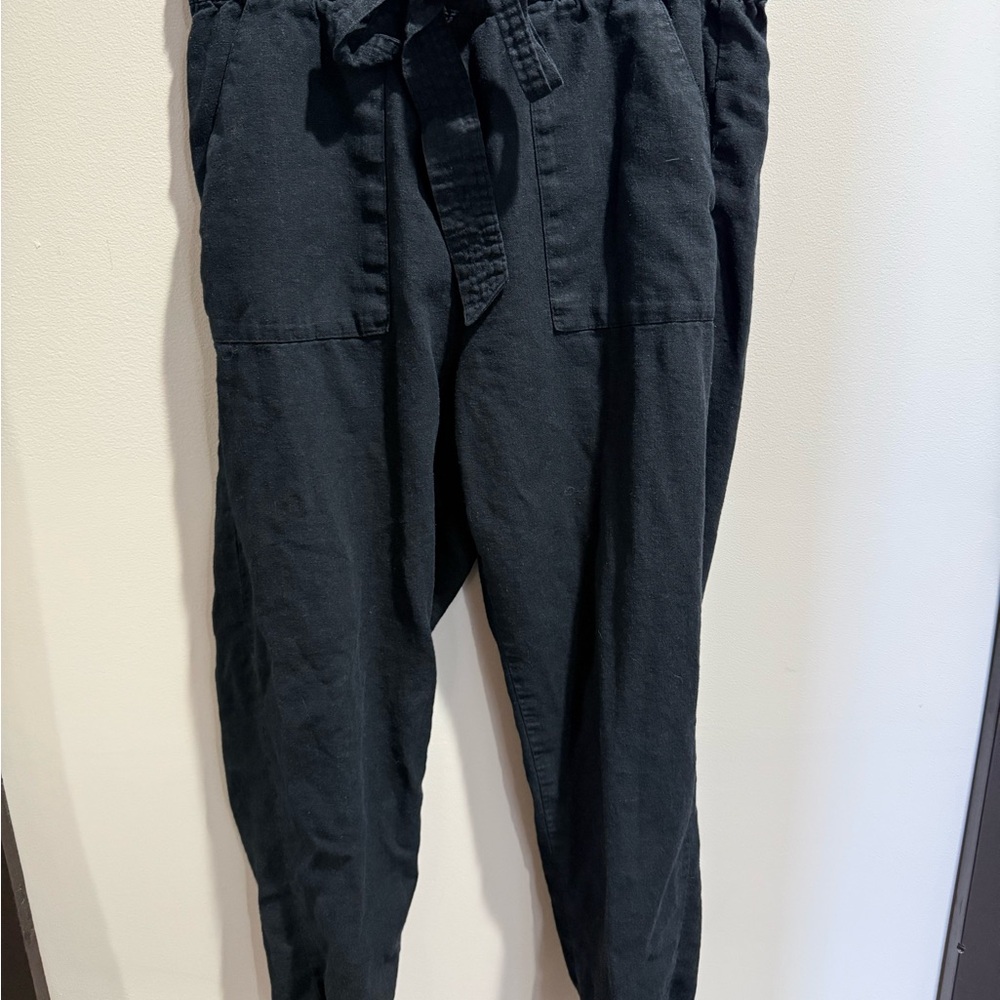 Black Linen/Rayon Blend Cropped Paperbag Waist Pants Large